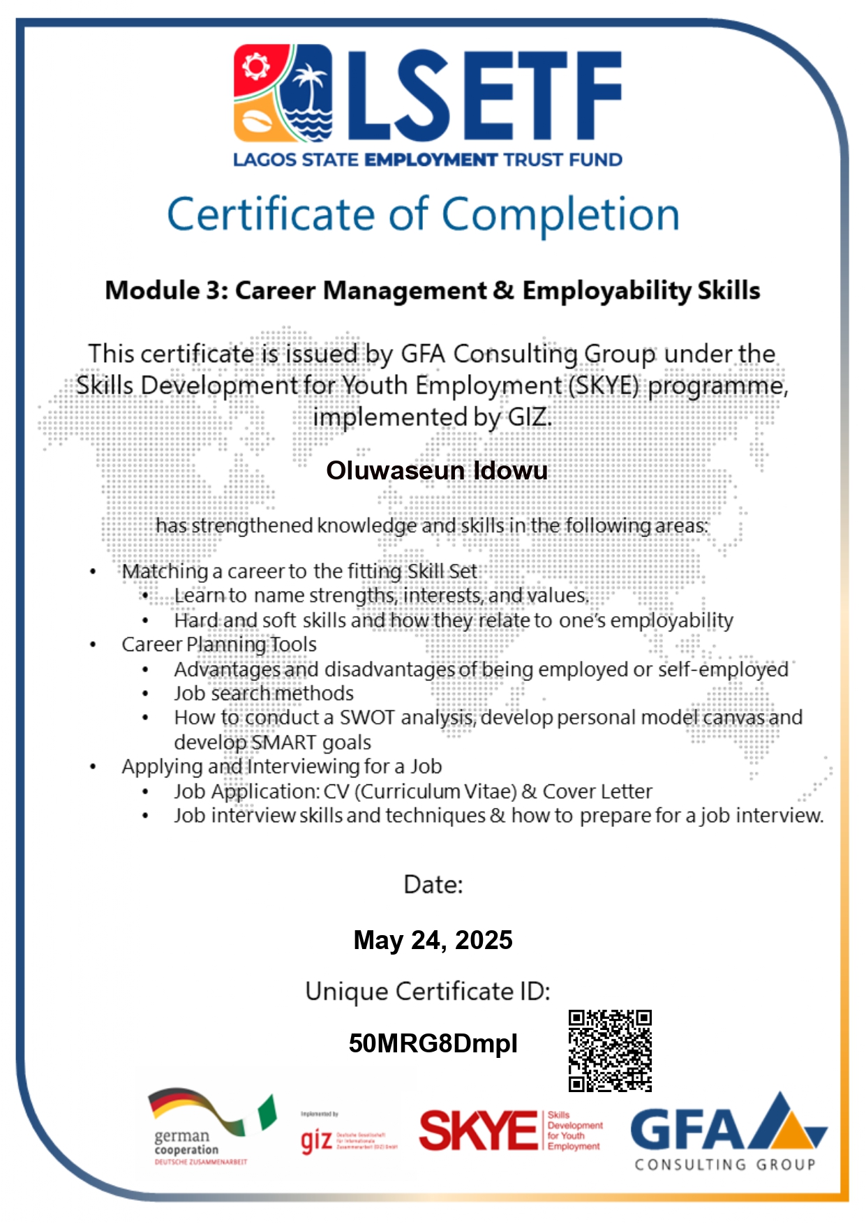 Career management certificate